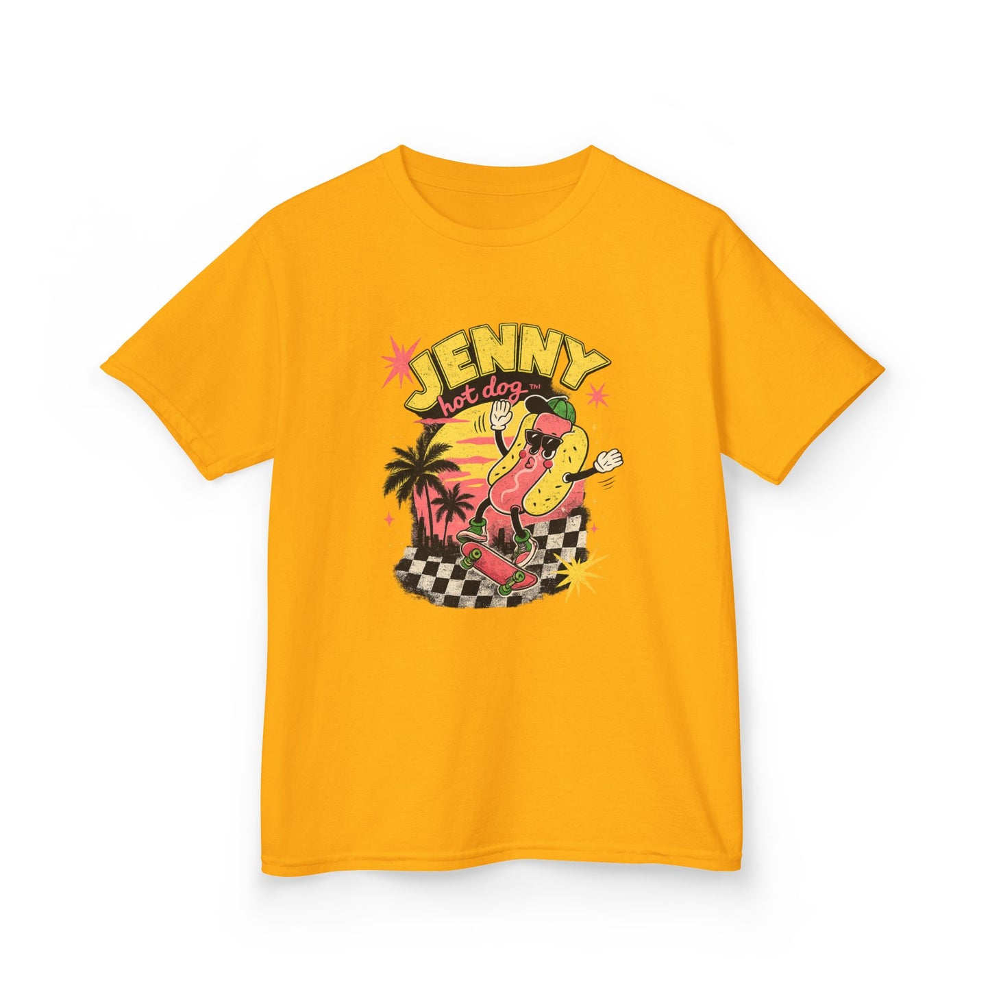 Kids Tee — Retro Surf Skate Design with 'Jenny' Hot Dog Character