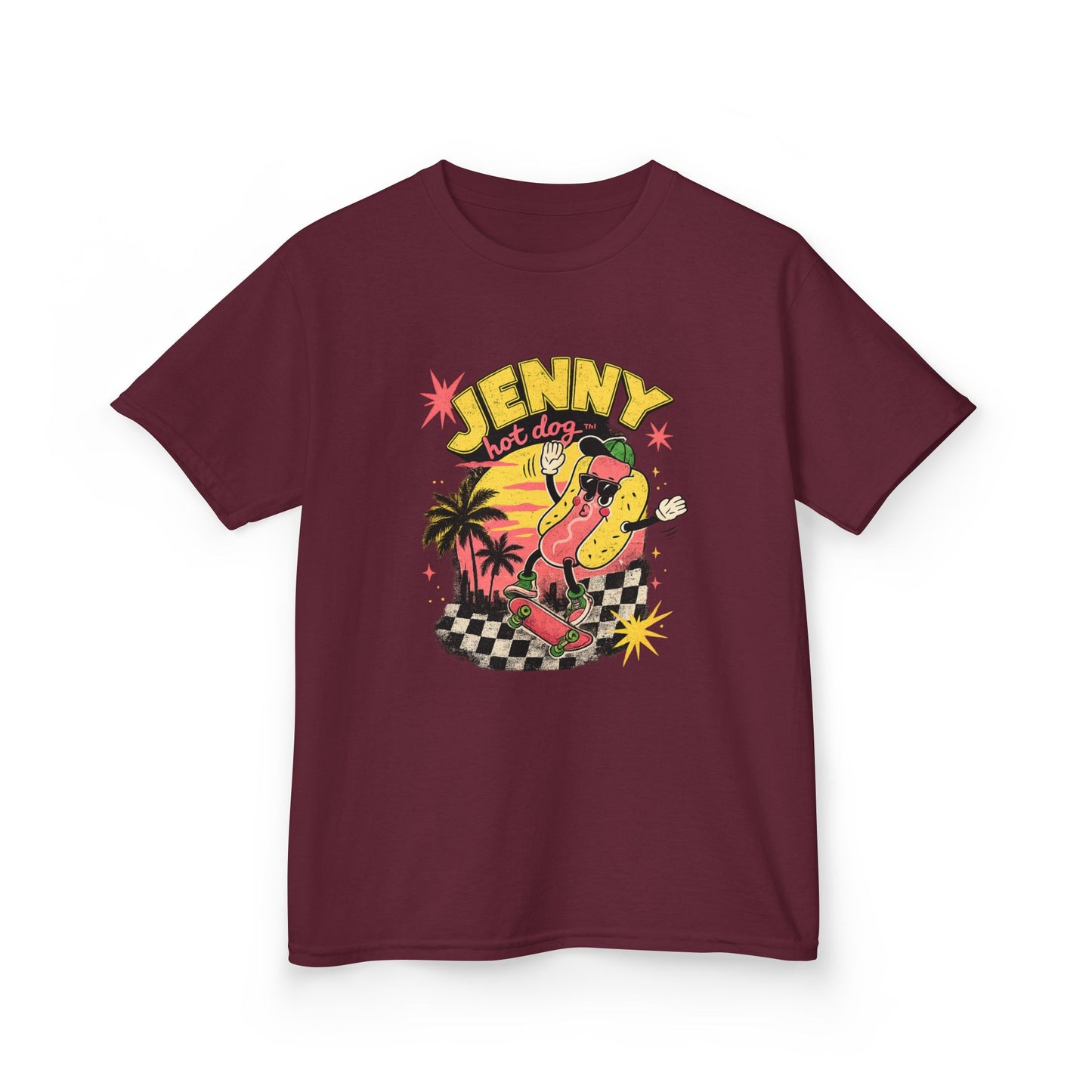 Kids Tee — Retro Surf Skate Design with 'Jenny' Hot Dog Character