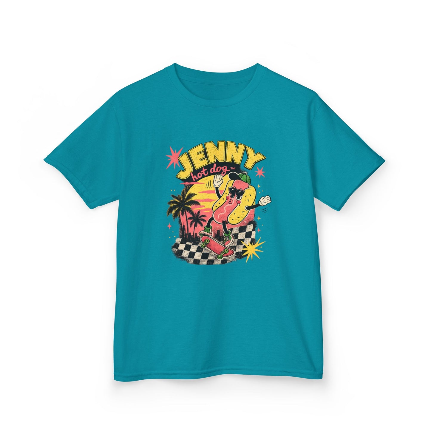 Kids Tee — Retro Surf Skate Design with 'Jenny' Hot Dog Character