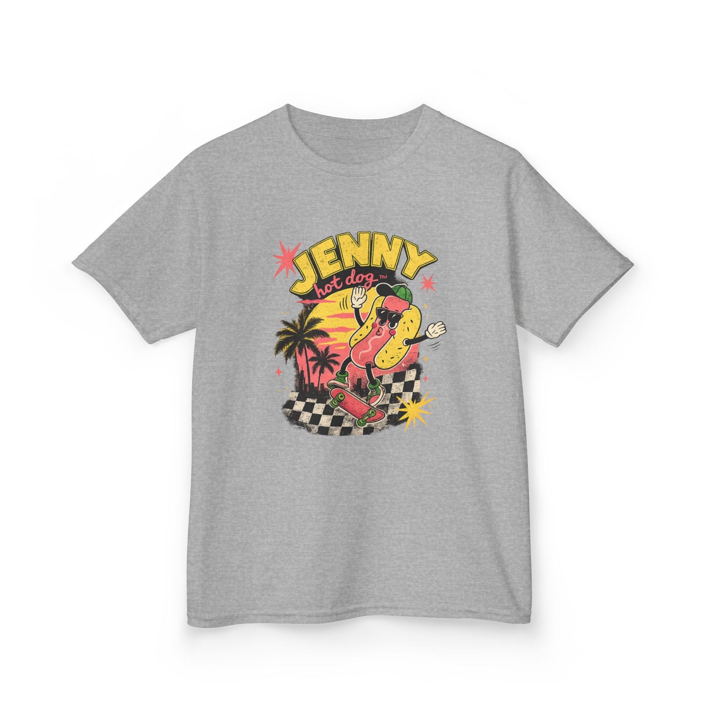 Kids Tee — Retro Surf Skate Design with 'Jenny' Hot Dog Character