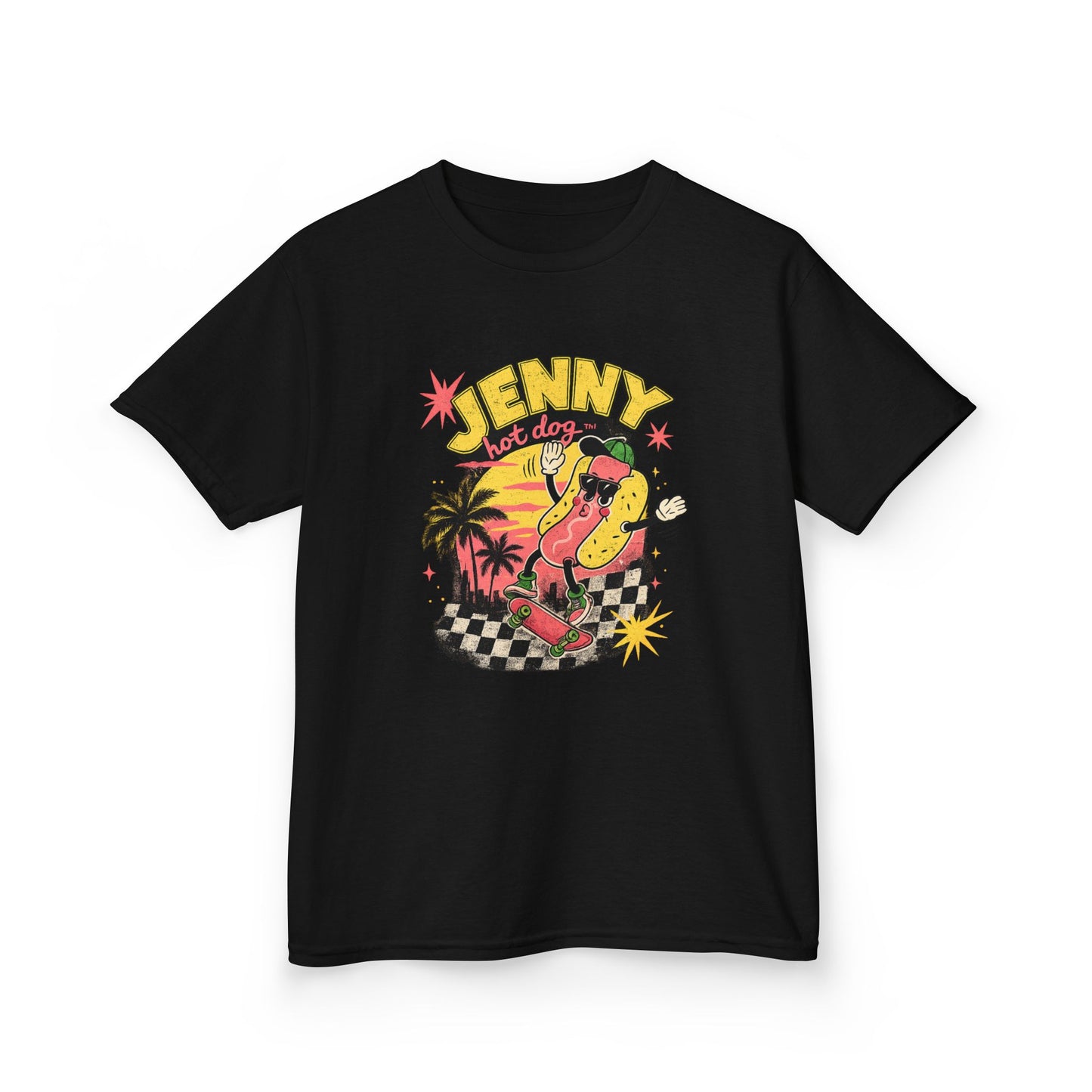 Kids Tee — Retro Surf Skate Design with 'Jenny' Hot Dog Character