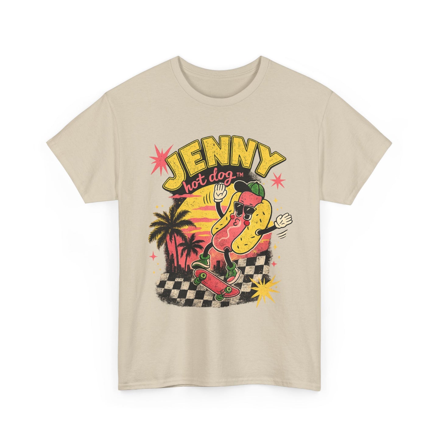 Jenny Hot Dog Skate Tee — Retro Beach Skateboard Graphic T-Shirt