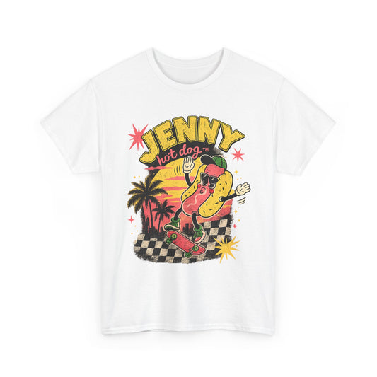Jenny Hot Dog Skate Tee — Retro Beach Skateboard Graphic T-Shirt