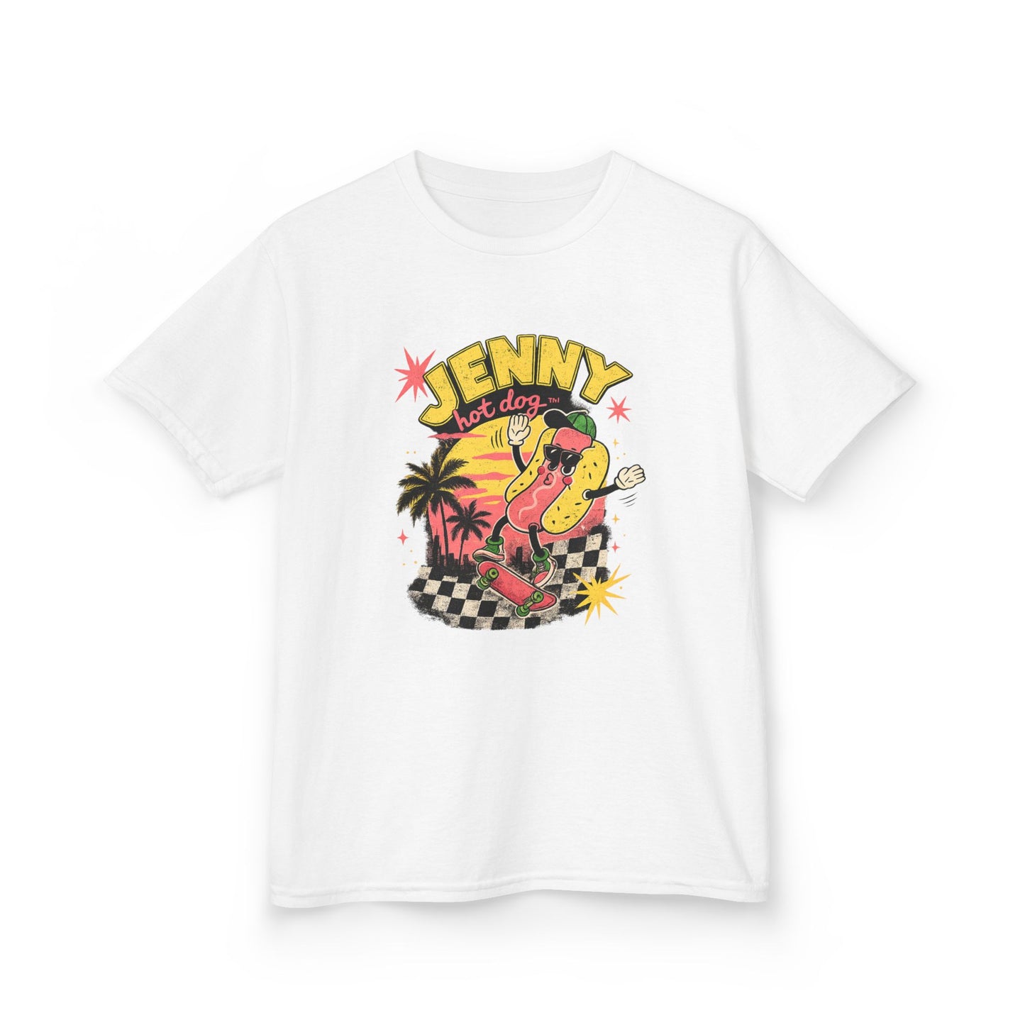 Kids Tee — Retro Surf Skate Design with 'Jenny' Hot Dog Character