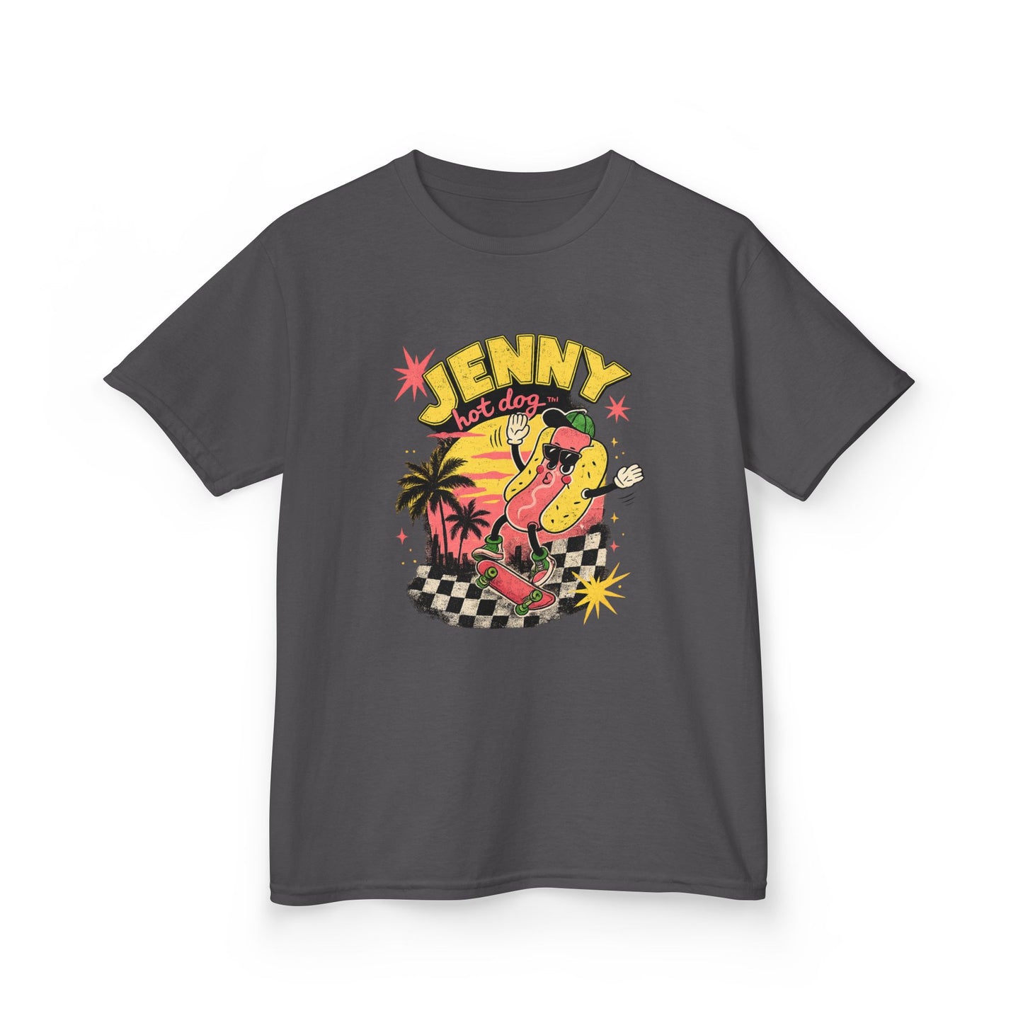 Kids Tee — Retro Surf Skate Design with 'Jenny' Hot Dog Character