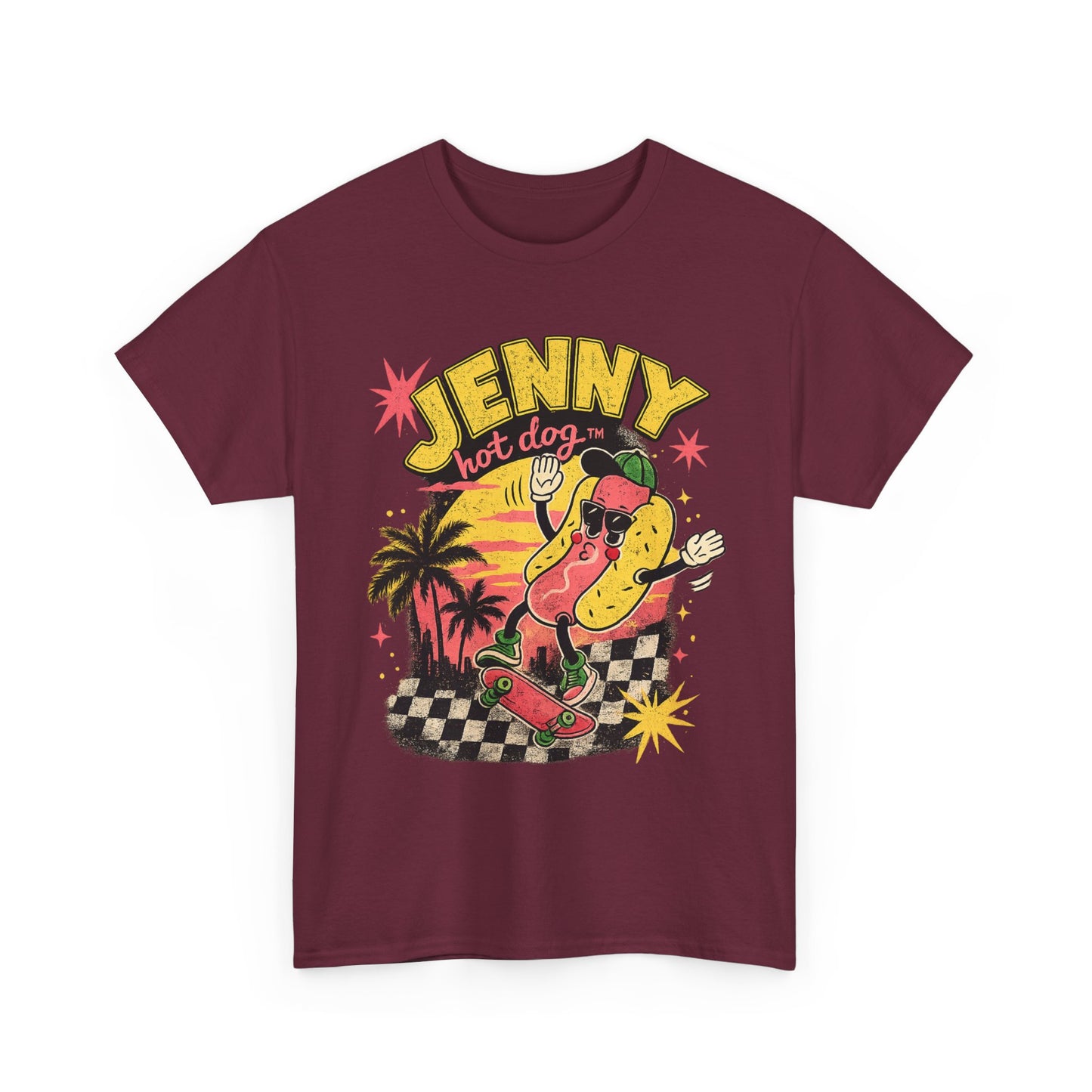 Jenny Hot Dog Skate Tee — Retro Beach Skateboard Graphic T-Shirt